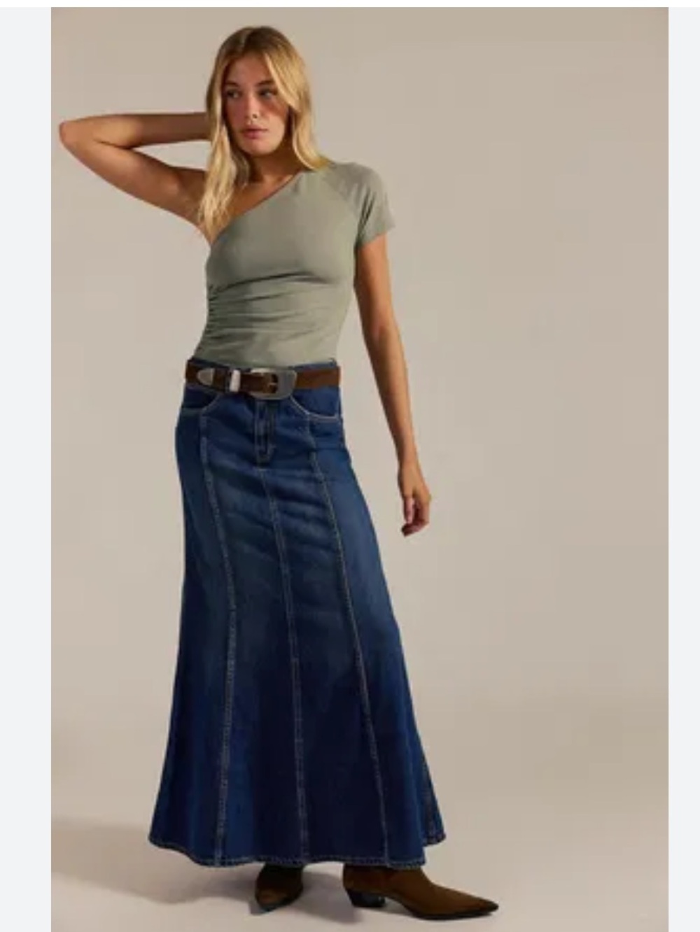 bebe vintage long denim skirt beaded Logo Dark raw edging Denim button fly